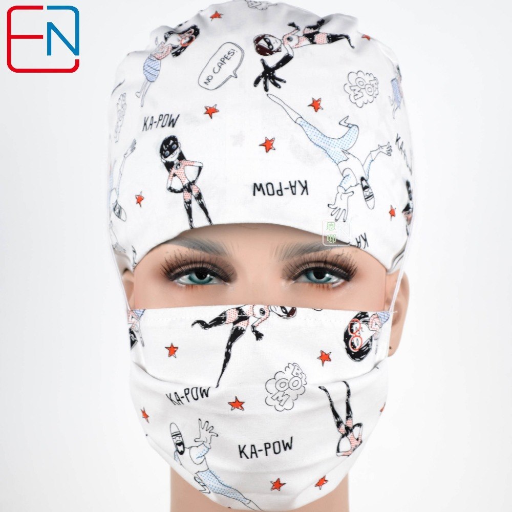 NEW COTTON Scrub Caps Mask WOMEN Hospital Medical Hats Cartoon Print Tieback Adjustable Cotton WOMEN Surgical Caps Masks