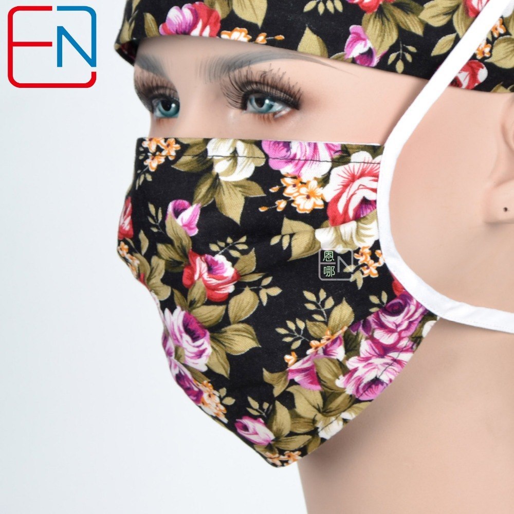 women surgical caps in black with pretty rose flower 100% cotton medical caps