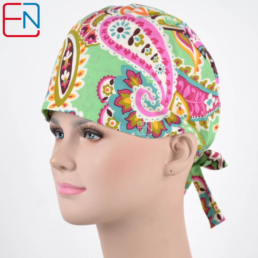 Matin long hair scrub hats for female  100% cotton print  fibre  with sweatband