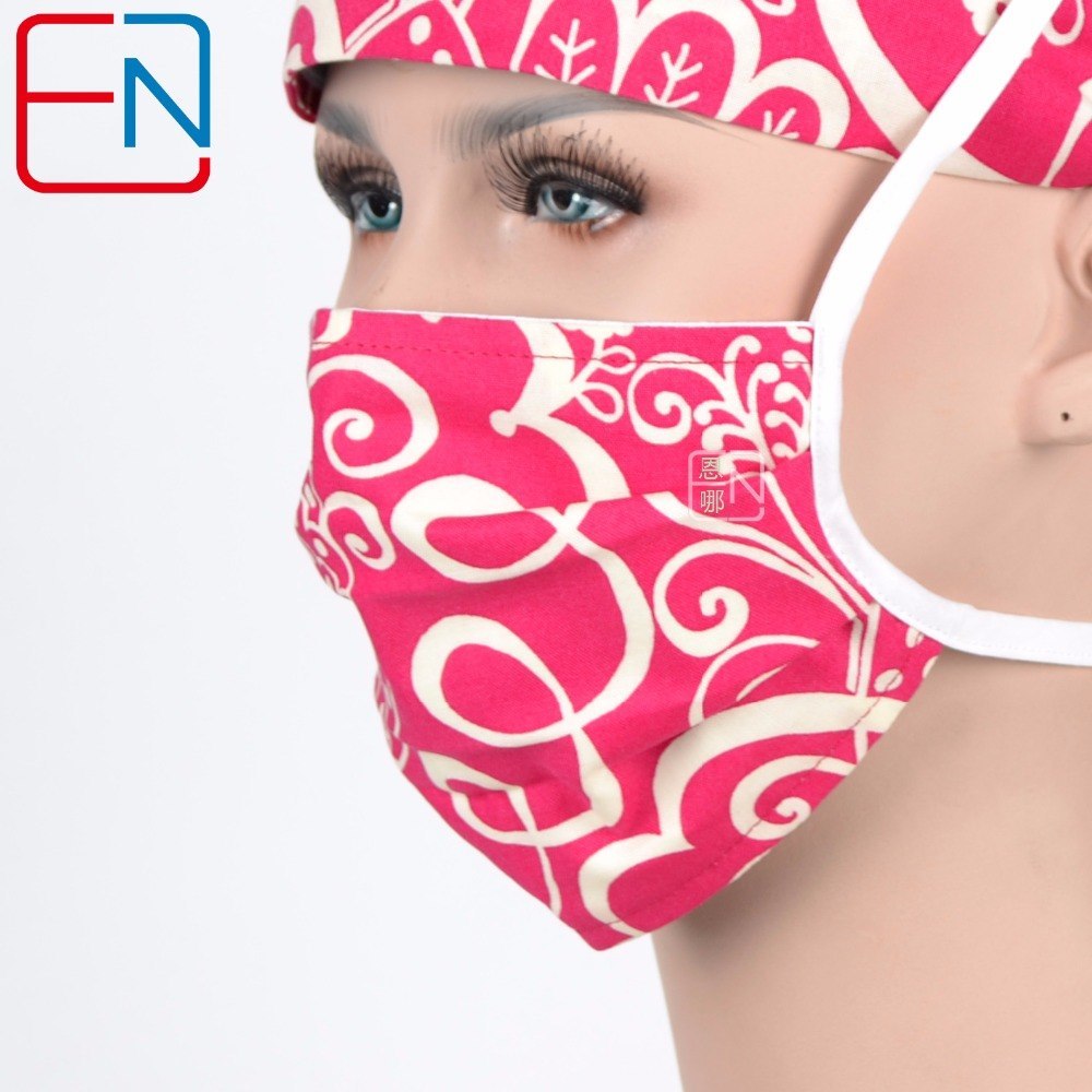female medical scrub caps in rose red with big flowers
