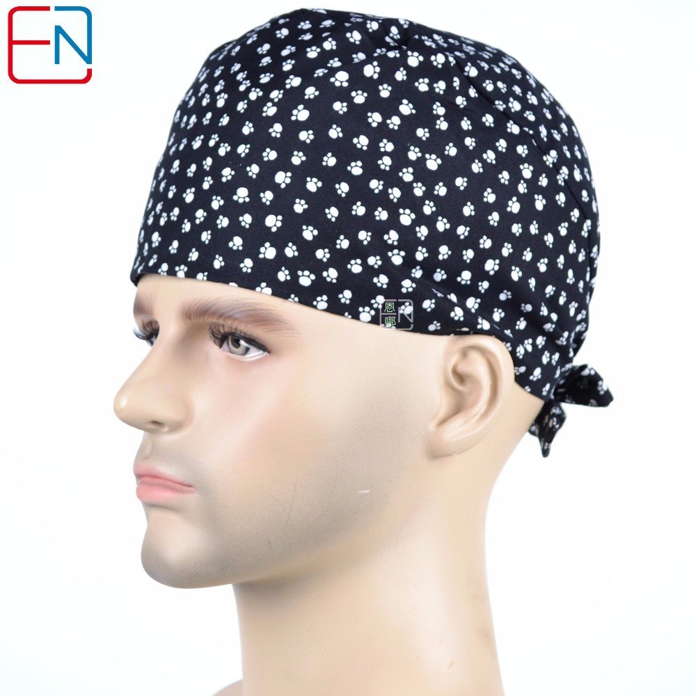 Hennar brand medical caps surgical scrub caps in black with feet prints