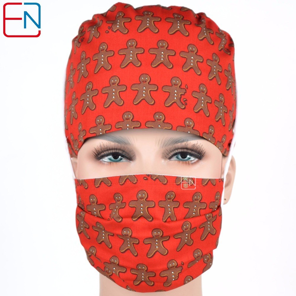 Surgical caps women in red with gingerbread