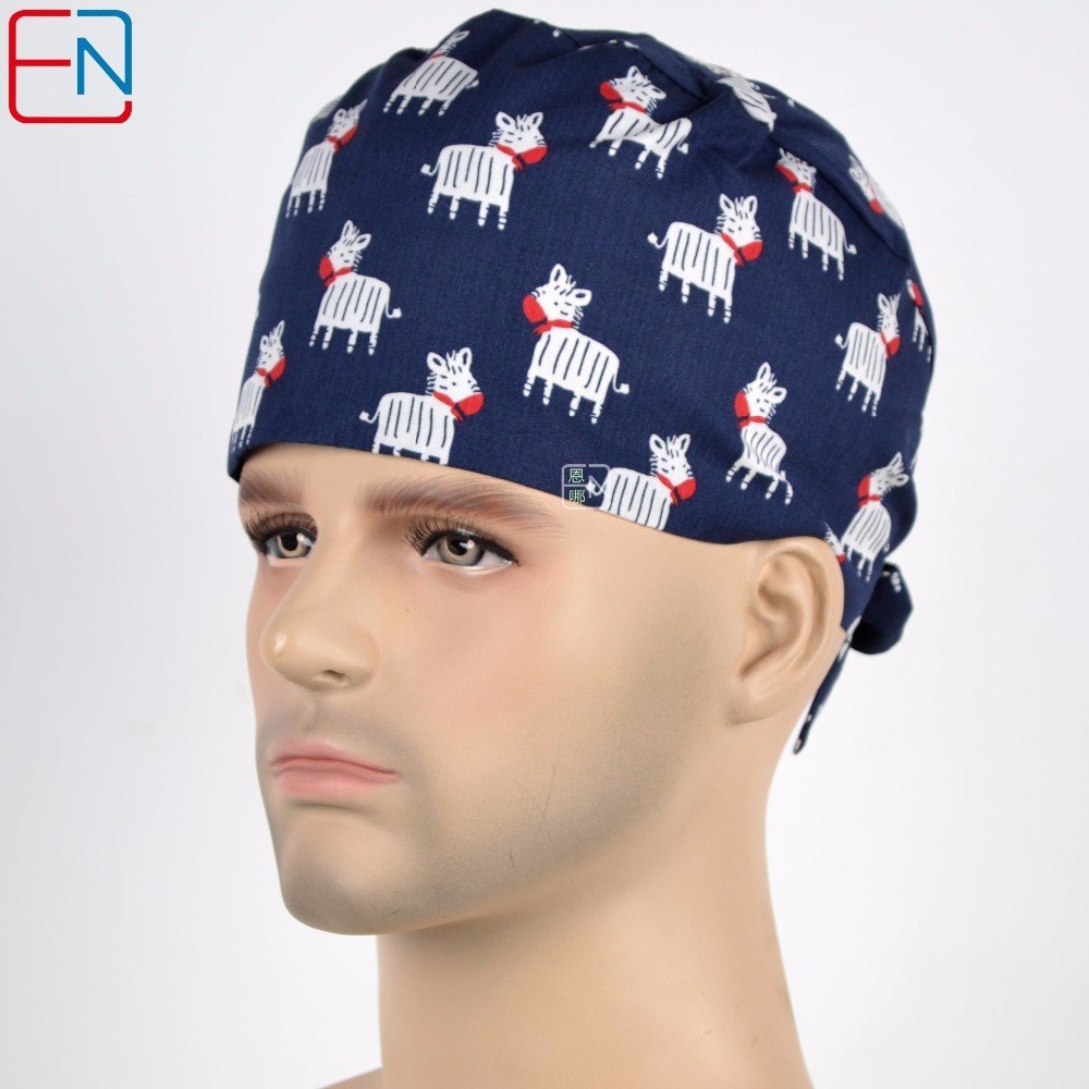 Surgical caps with sweatband in dark blue with zebra pattern