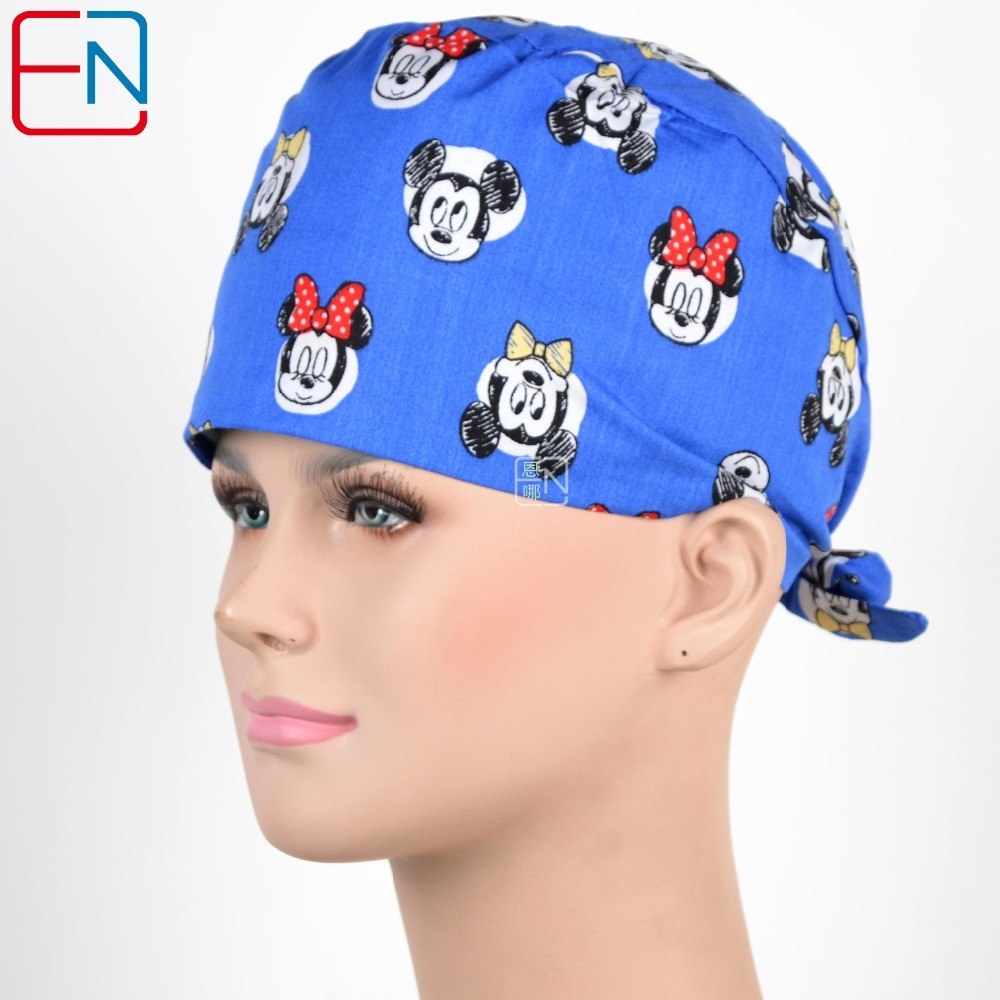 New Cotton Scrub Caps Mask WOMEN Hospital Medical Hats Cartoon Print Tieback Adjustable Cotton WOMEN Surgical Caps Masks