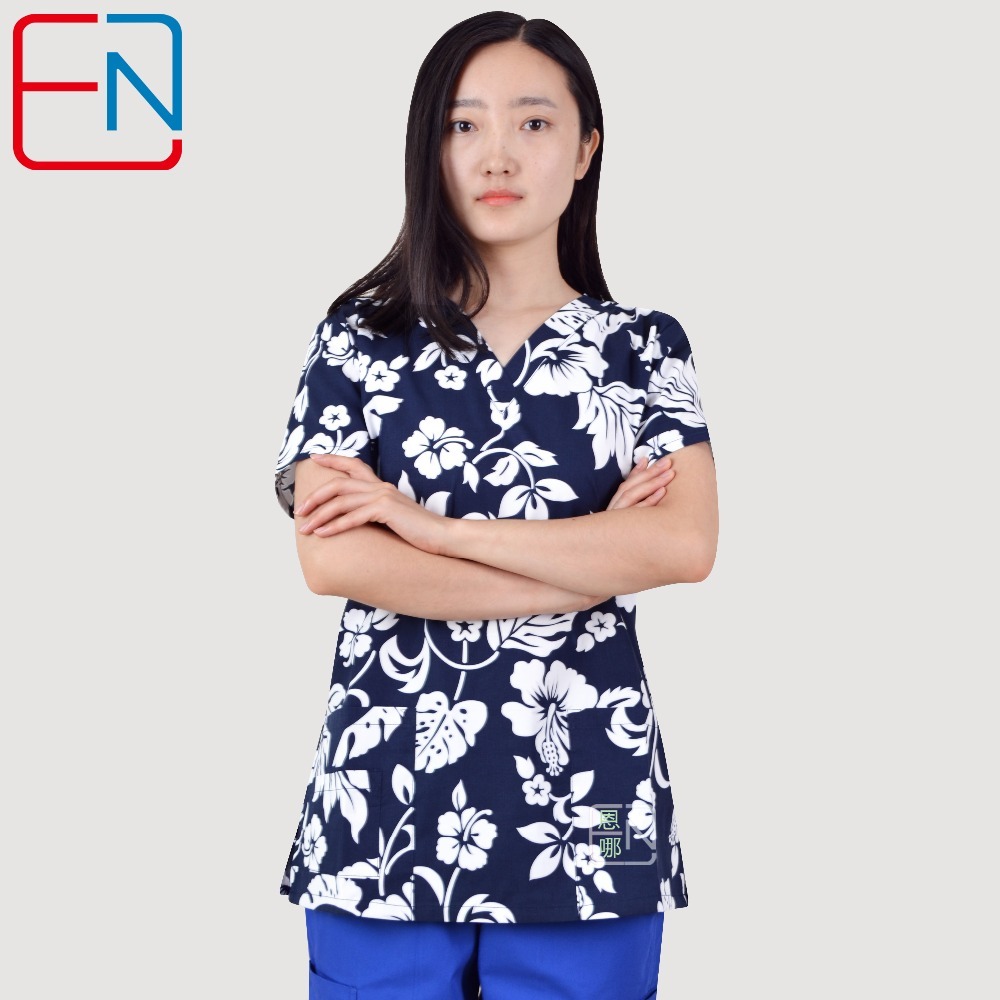 Brand medical scrub tops for women surgical scrubs,scrub uniform in 100% print cotton maotou series