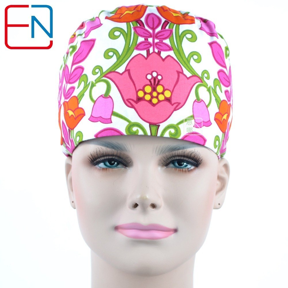 long hair scrub hats for female  100% cotton print  fibre  with sweatband