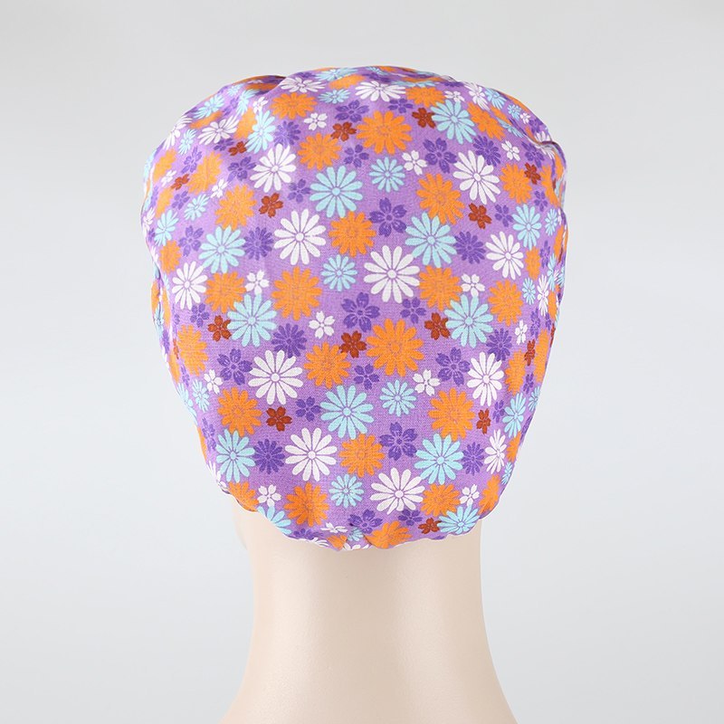 surgical bouffant caps in purple with daisy