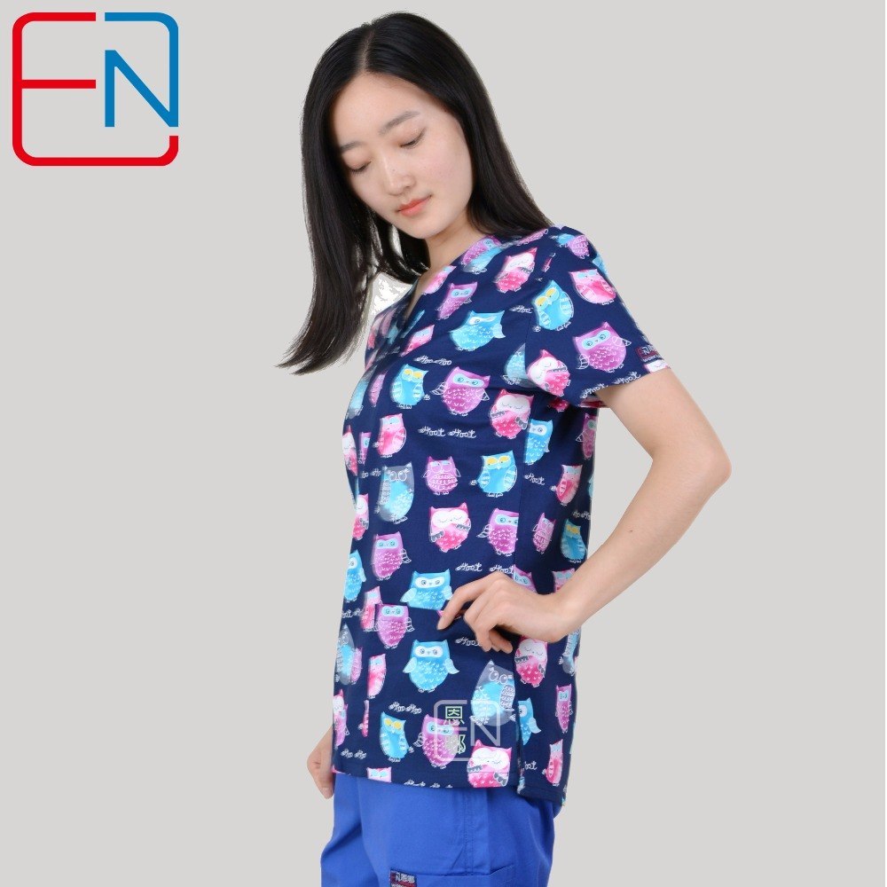 Brand medical scrub tops for women surgical scrubs,scrub uniform in 100% print cotton maotou series