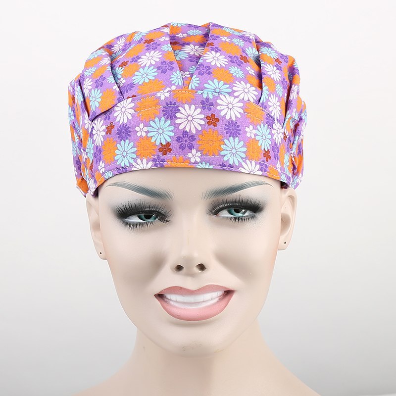 surgical bouffant caps in purple with daisy