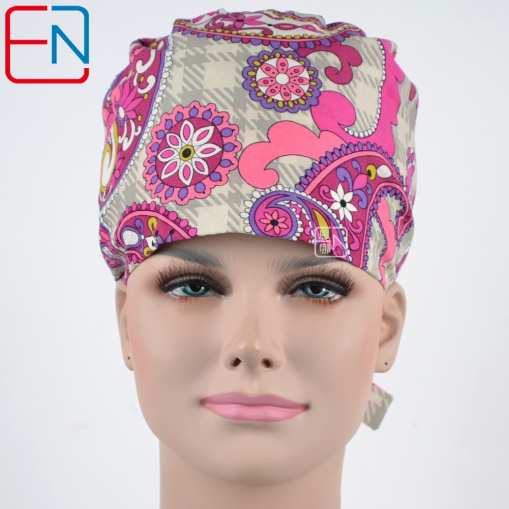 long hair scrub hats for female  100% cotton print  fibre  with sweatband