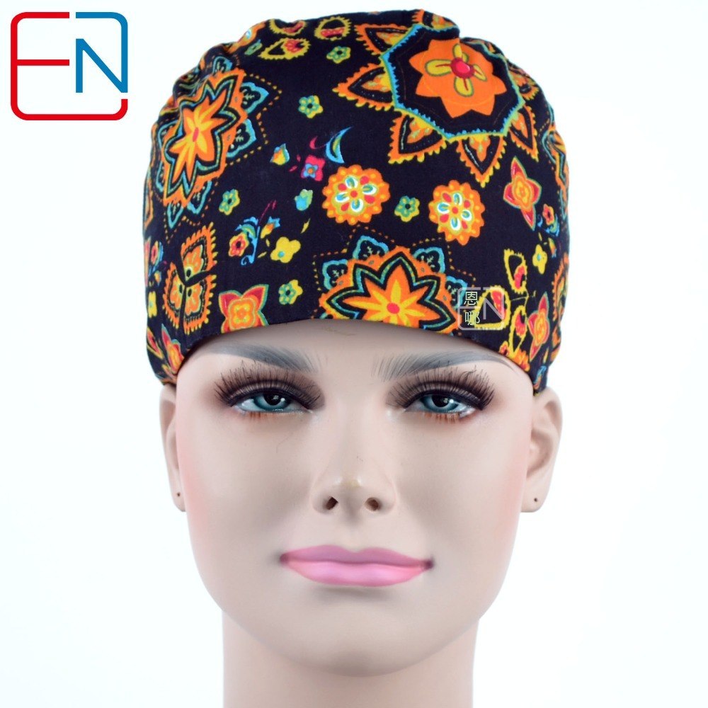 Long hair medical caps in light blue with fished pattern