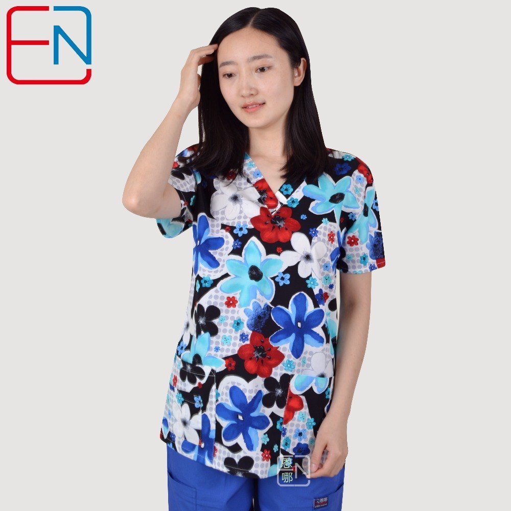 Brand medical scrub tops for women surgical scrubs,scrub uniform in 100% print cotton maotou series