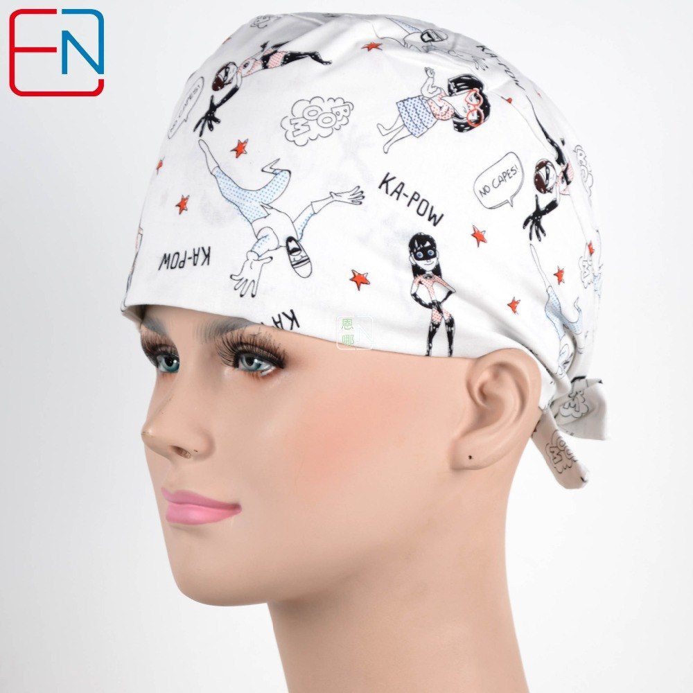 NEW COTTON Scrub Caps Mask WOMEN Hospital Medical Hats Cartoon Print Tieback Adjustable Cotton WOMEN Surgical Caps Masks