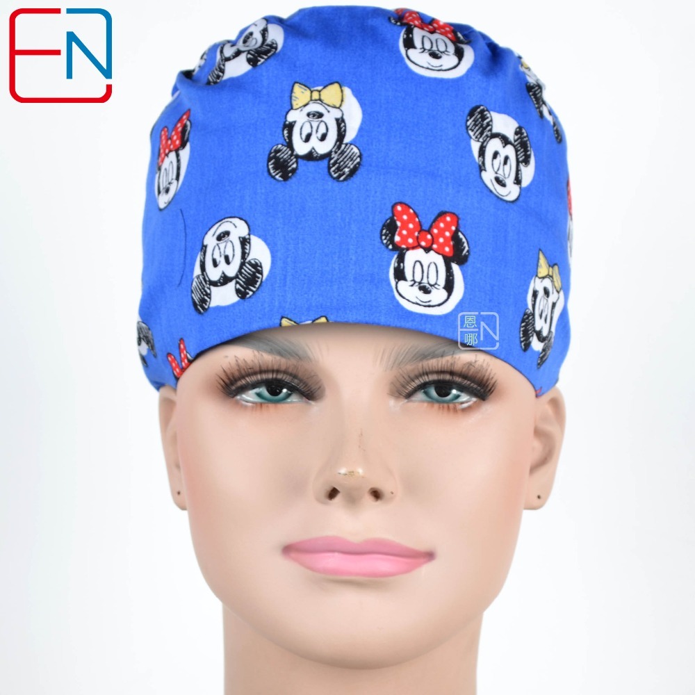New Cotton Scrub Caps Mask WOMEN Hospital Medical Hats Cartoon Print Tieback Adjustable Cotton WOMEN Surgical Caps Masks