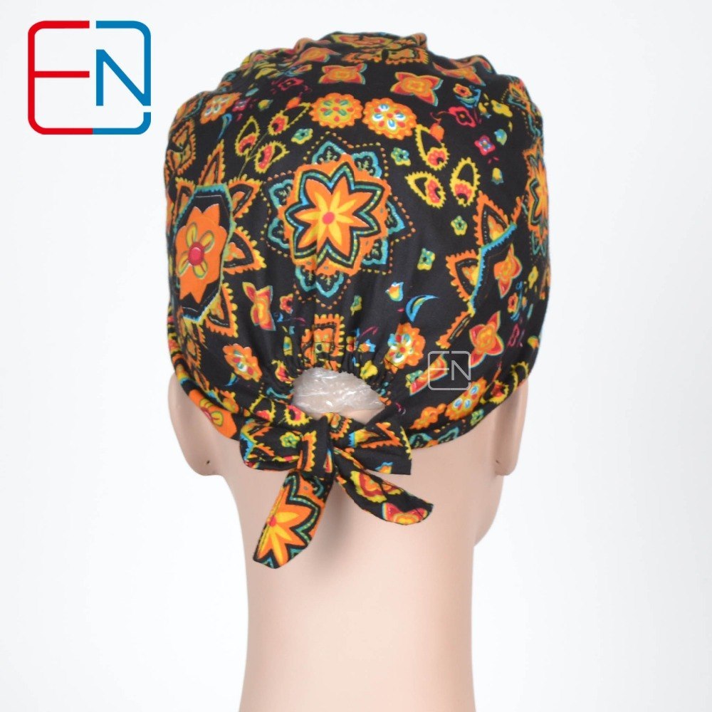 Long hair medical caps in light blue with fished pattern