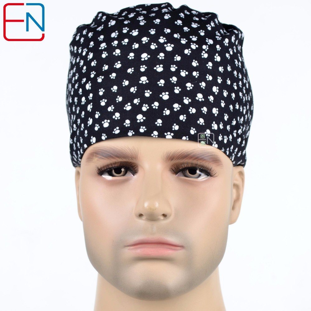Hennar brand medical caps surgical scrub caps in black with feet prints