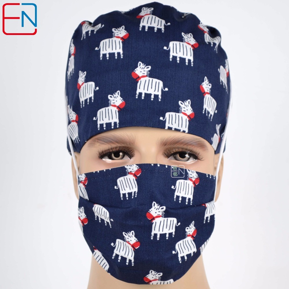Surgical caps with sweatband in dark blue with zebra pattern
