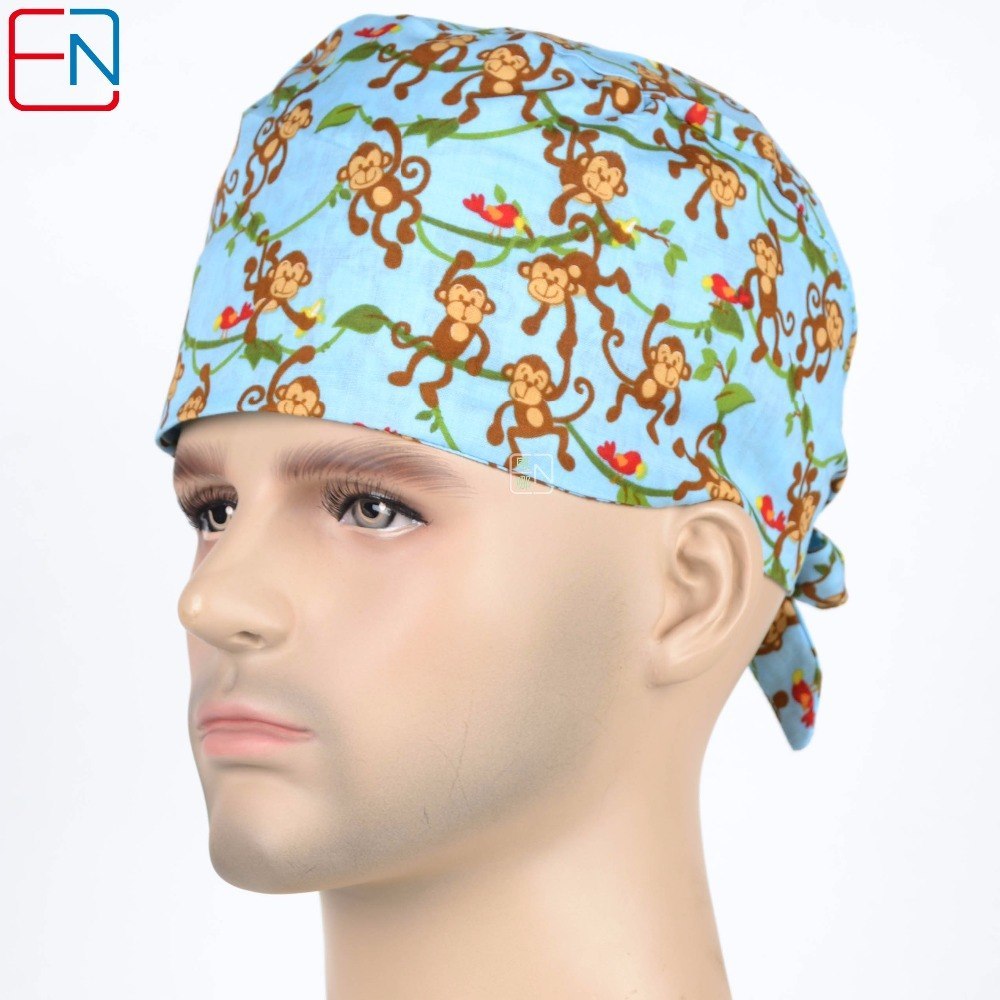 doctor caps in light blue,surgical caps men,with monekys on the branches