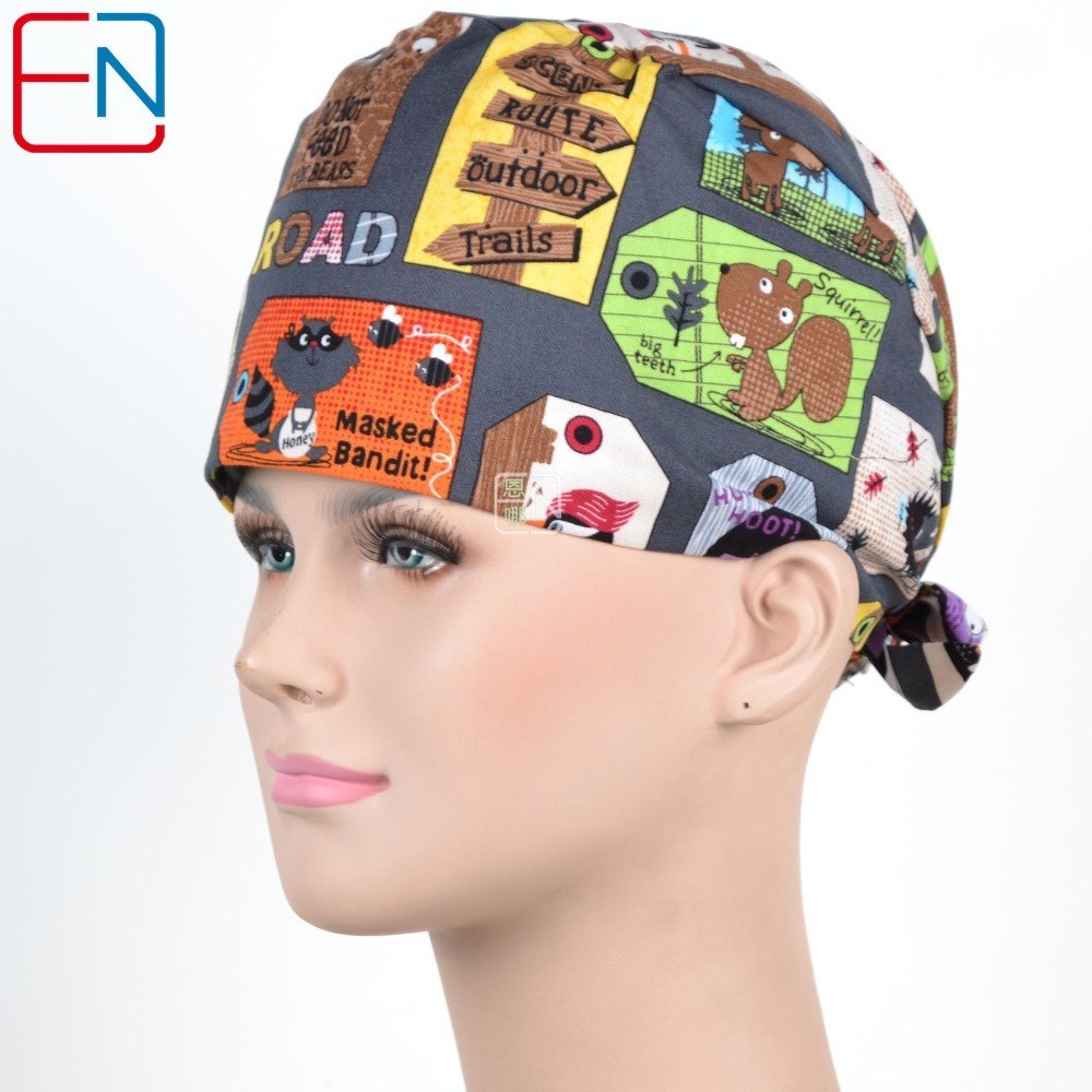 New Cotton Scrub Caps Mask WOMEN Hospital Medical Hats Cartoon Print Tieback Adjustable Cotton WOMEN Surgical Caps Masks