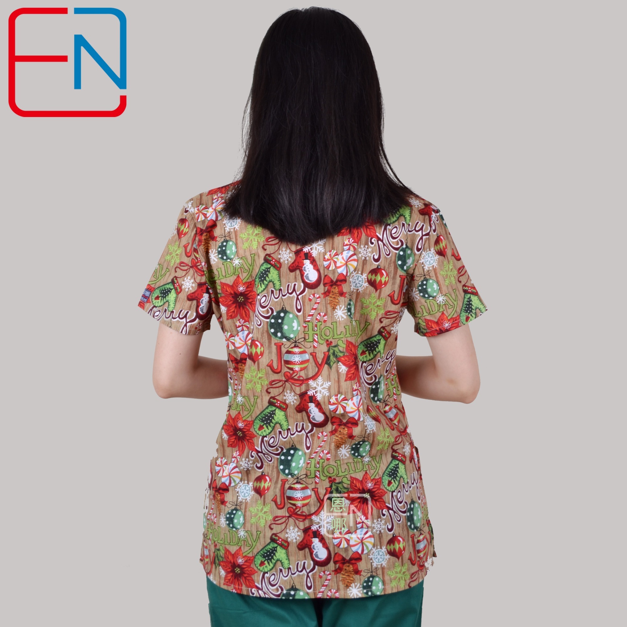 Hennar Women Scrub Top With V-Neck 100% Cotton Print Surgical Medical Uniforms Hospital Nurse Scrub Tops For Women Christmas design