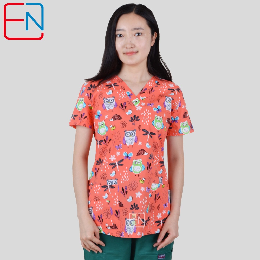 10 Prints In Hennar Women Stretchy Medical Scrub Top With V-Neck 100% Cotton Print Surgical Medical Uniforms Hospital Nurse Scrub Tops
