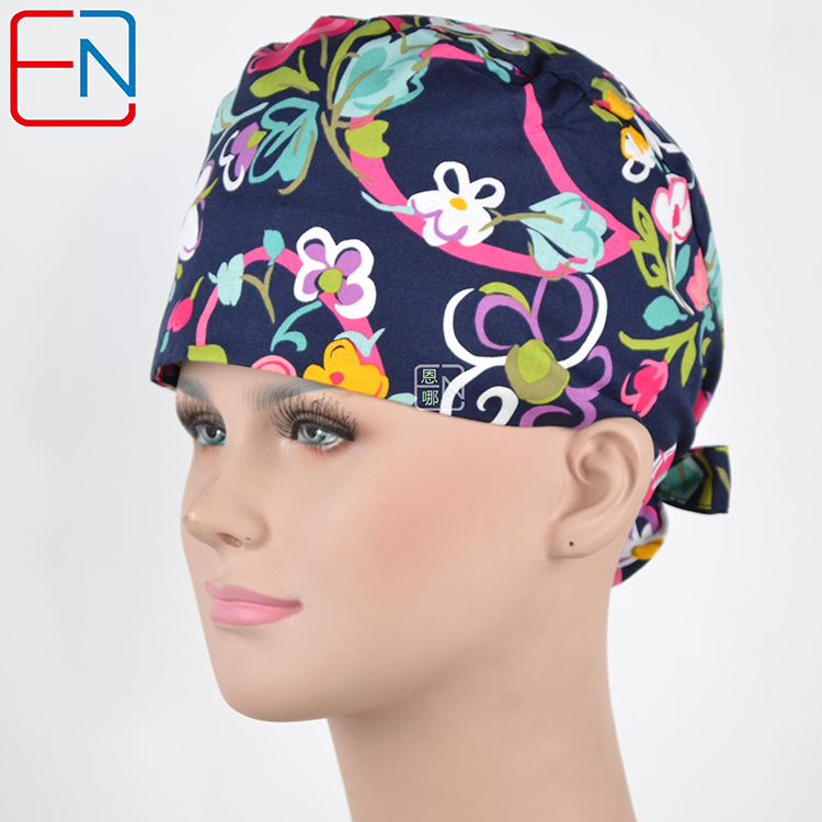 Women medical scrub caps in dark blue with flowers