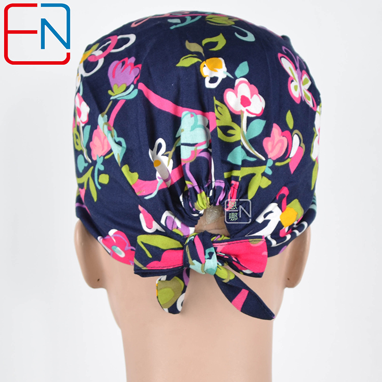 Women medical scrub caps in dark blue with flowers