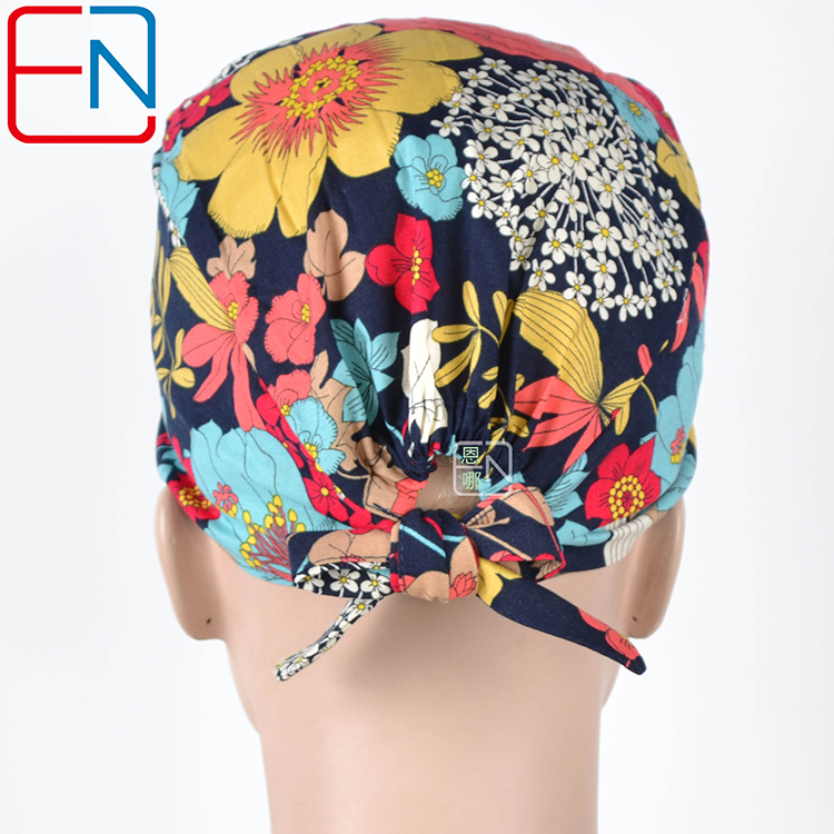 Hennar women medical caps in black with bloom flowers