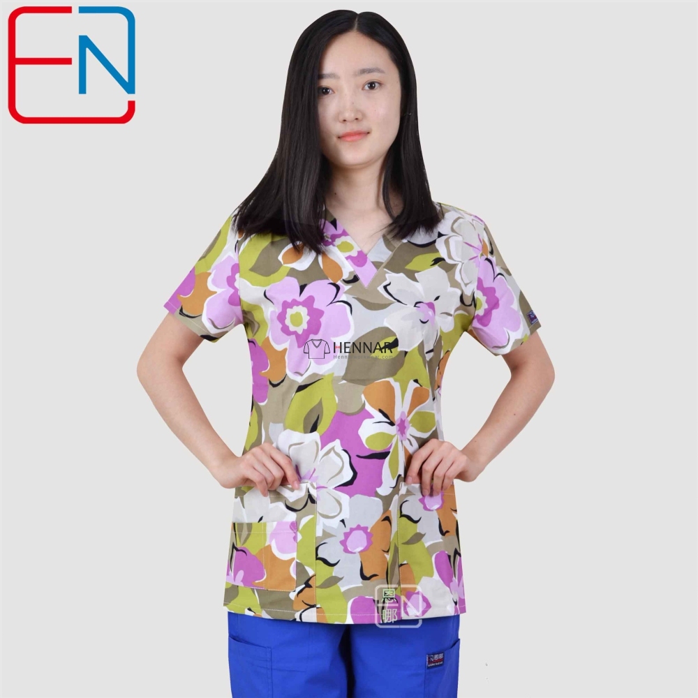 Hennar Medical scrub tops with Classic V Neck 100% cotton Surgical Scrub Uniforms  XXS-6XL