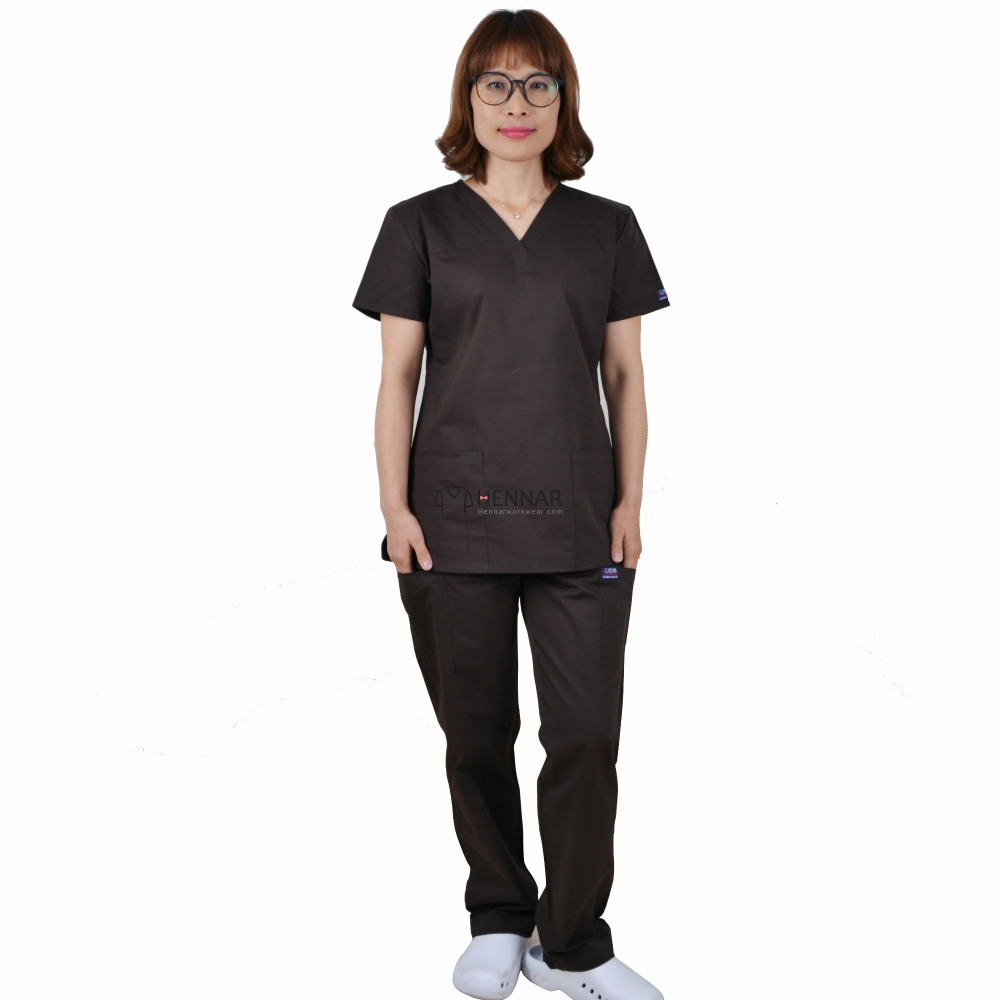 Hennar Solid Color Medical Scrub Uniforms,Brown Surgical Uniforms Sets