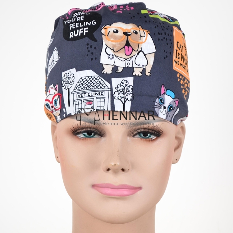 10 Prints women surgical caps in red with black hearts