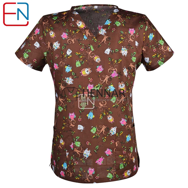 10 Prints Hennar Women Scrub Top With V-Neck 100% Cotton Print Surgical Medical Uniforms Hospital Nurse Scrub Tops For Women