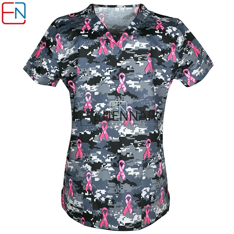 10 Prints In Hennar Women Stretchy Medical Scrub Top With V-Neck 100% Cotton Print Surgical Medical Uniforms Hospital Nurse Scrub Tops