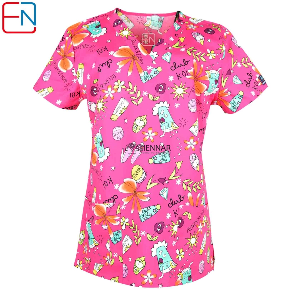 10 Prints In Hennar Women Stretchy Medical Scrub Top With V-Neck 100% Cotton Print Surgical Medical Uniforms Hospital Nurse Scrub Tops