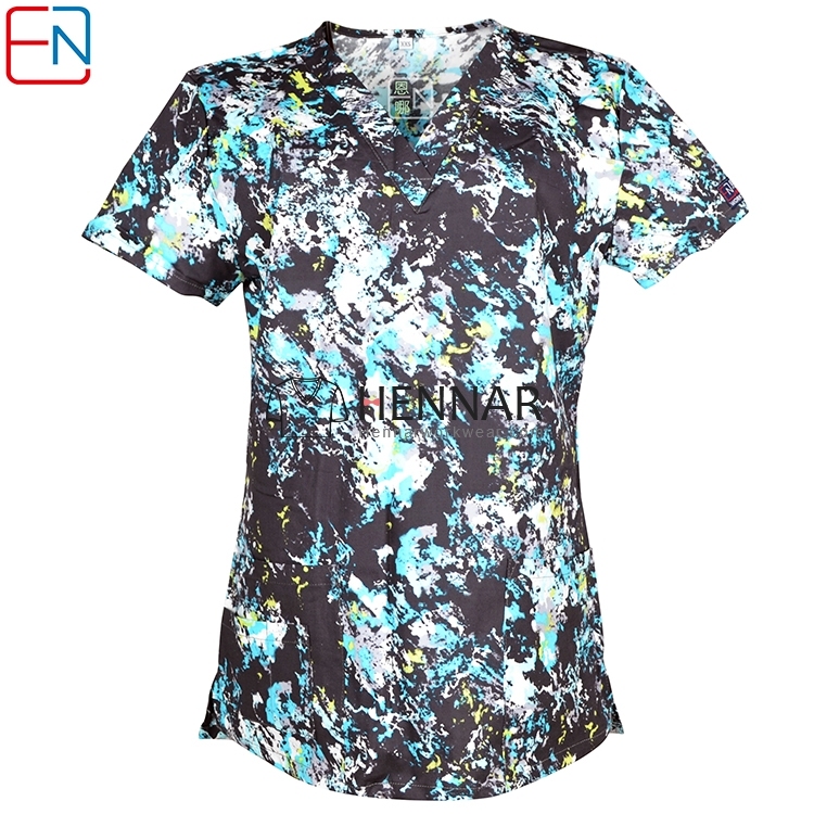 10 Prints In Hennar Women Stretchy Medical Scrub Top With V-Neck 100% Cotton Print Surgical Medical Uniforms Hospital Nurse Scrub Tops