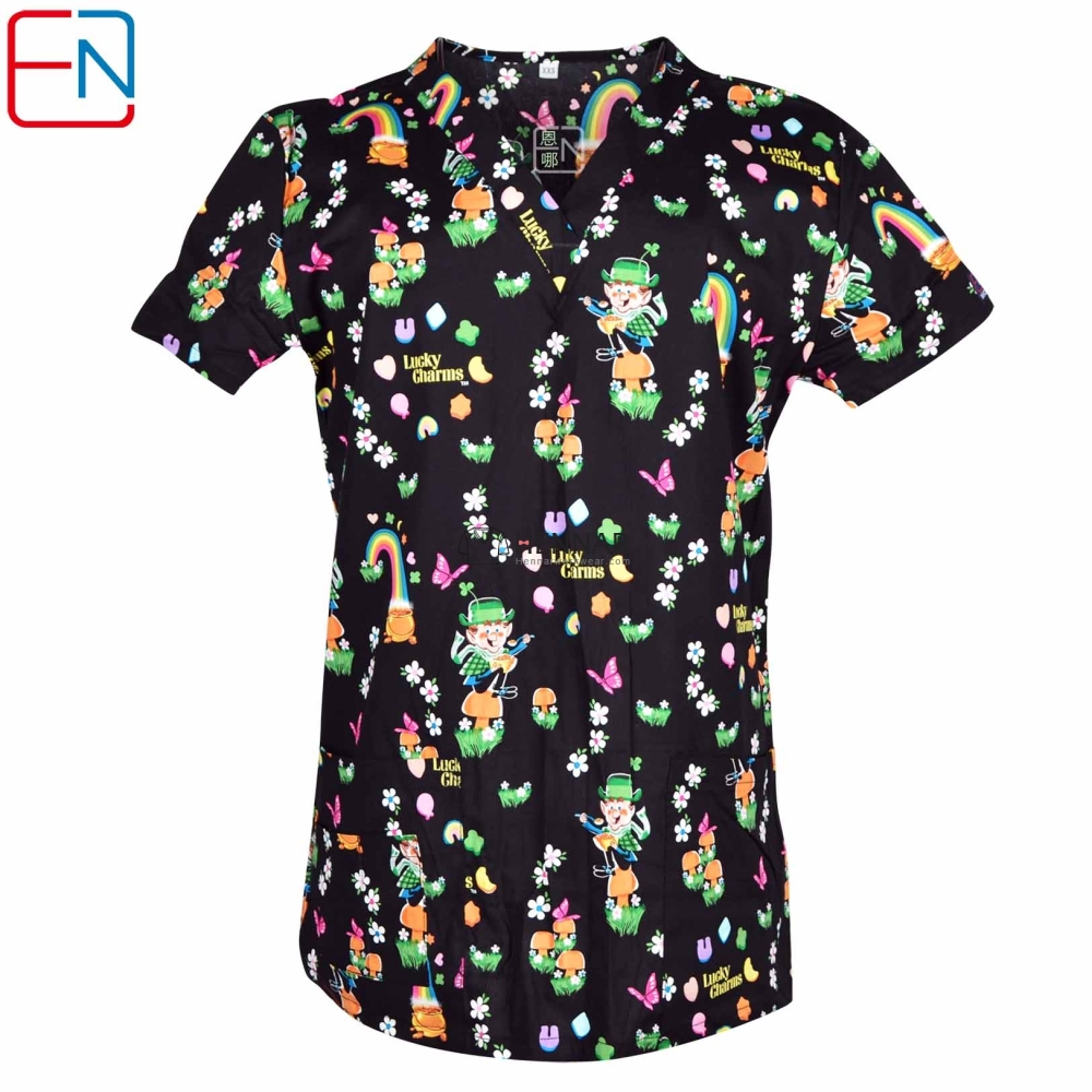 10 Prints In Hennar Women Stretchy Medical Scrub Top With V-Neck 100% Cotton Print Surgical Medical Uniforms Hospital Nurse Scrub Tops