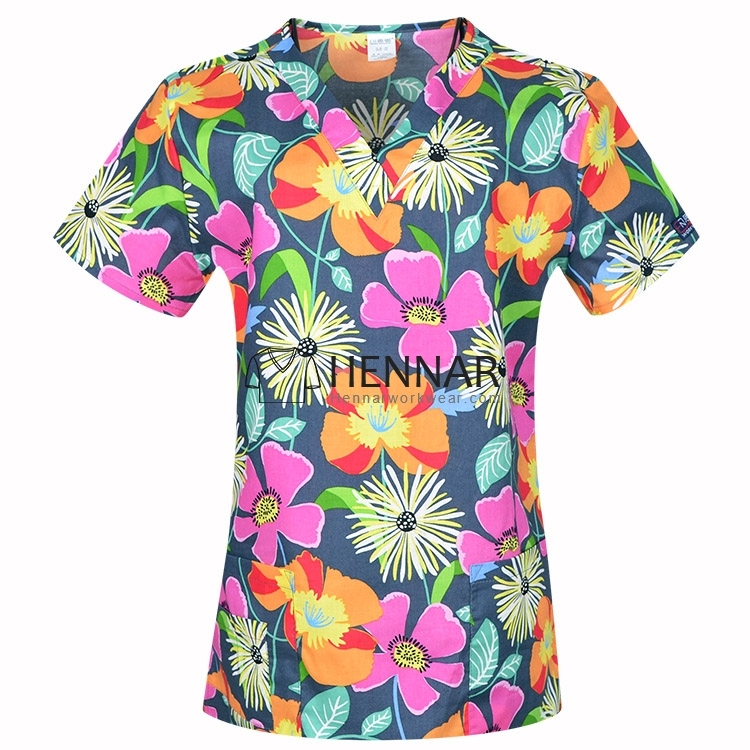 10 Prints Hennar Medical scrubs Tops,100% Cotton Surgical Scrub tops For Women From Size XXS-5XL