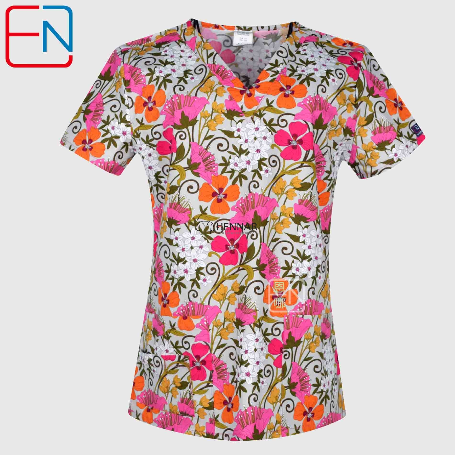 10 Prints Hennar Women medical scrub tops in 100% cotton scrubs,women scrub tops,women medical uniforms
