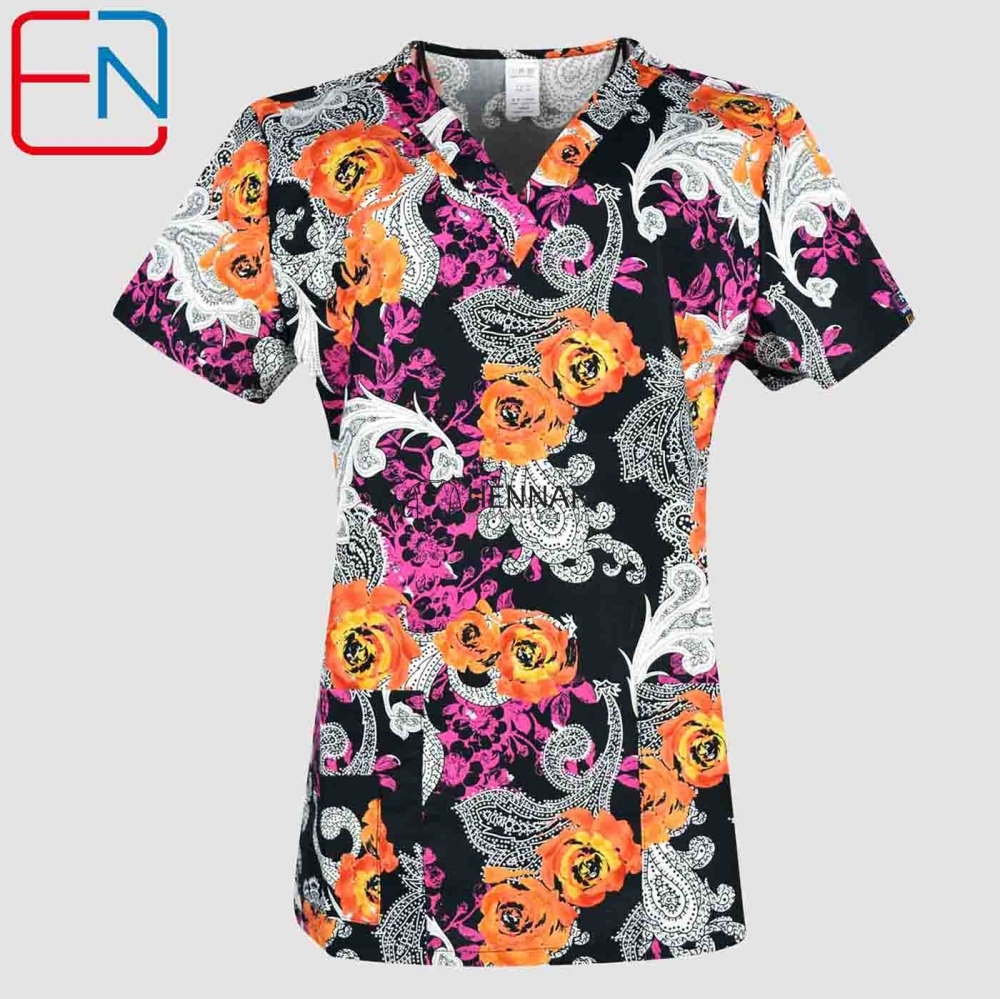 10 Prints Hennar Women medical scrub tops in 100% cotton scrubs,women scrub tops,women medical uniforms