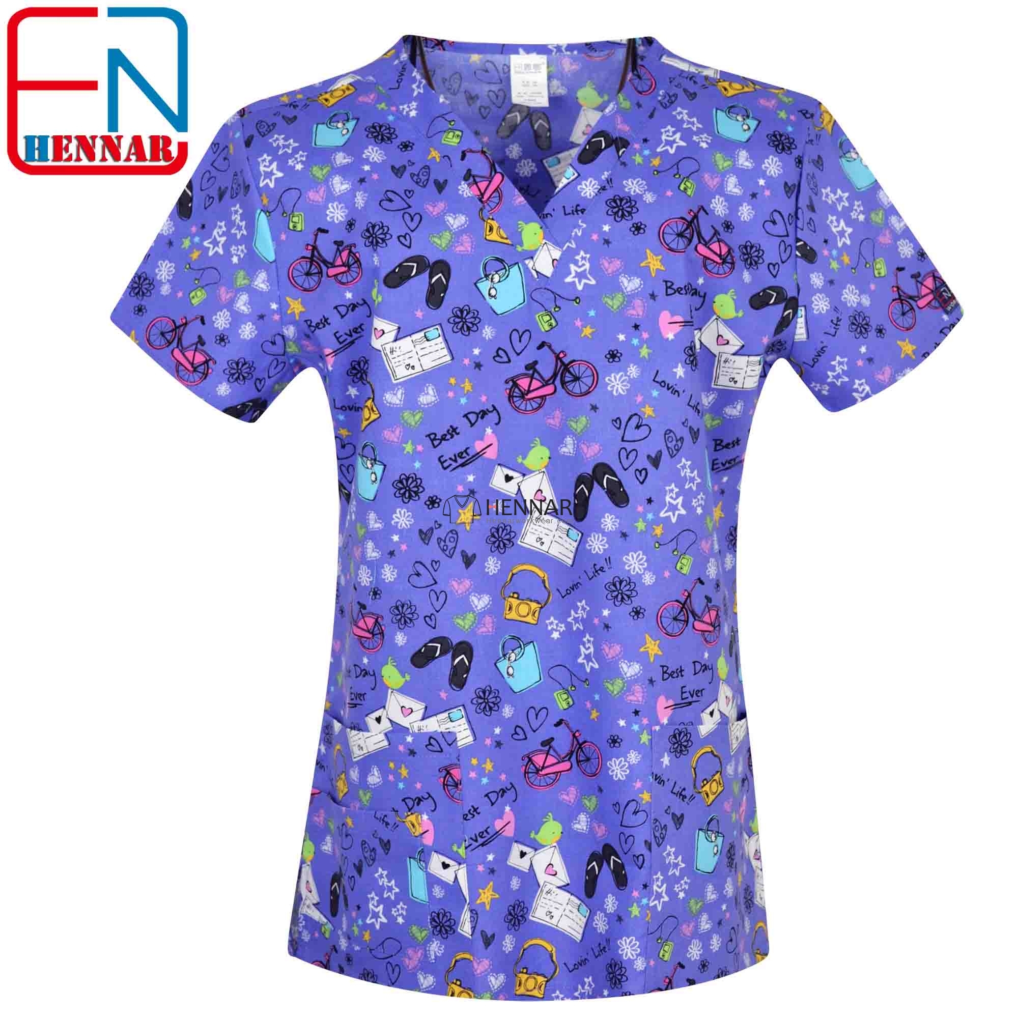 10 Prints Hennar Women medical scrub tops in 100% cotton scrubs,women scrub tops,women medical uniforms
