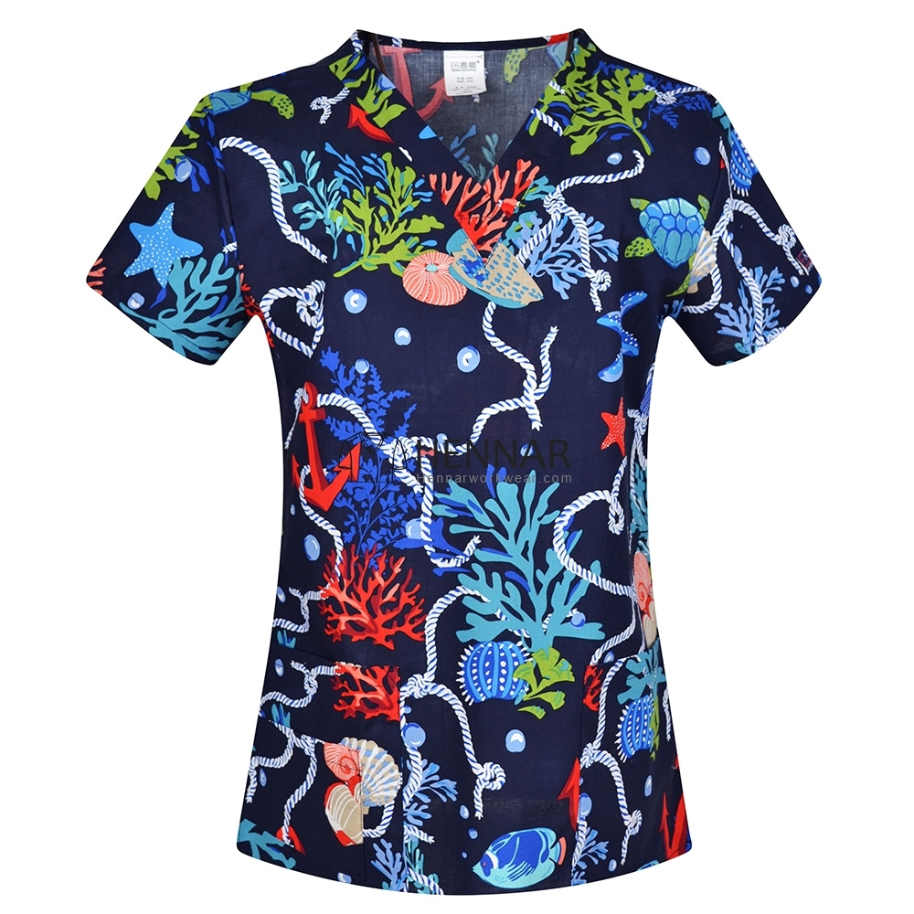 10 Prints Hennar Women medical scrub tops in 100% cotton scrubs,women scrub tops,women medical uniforms