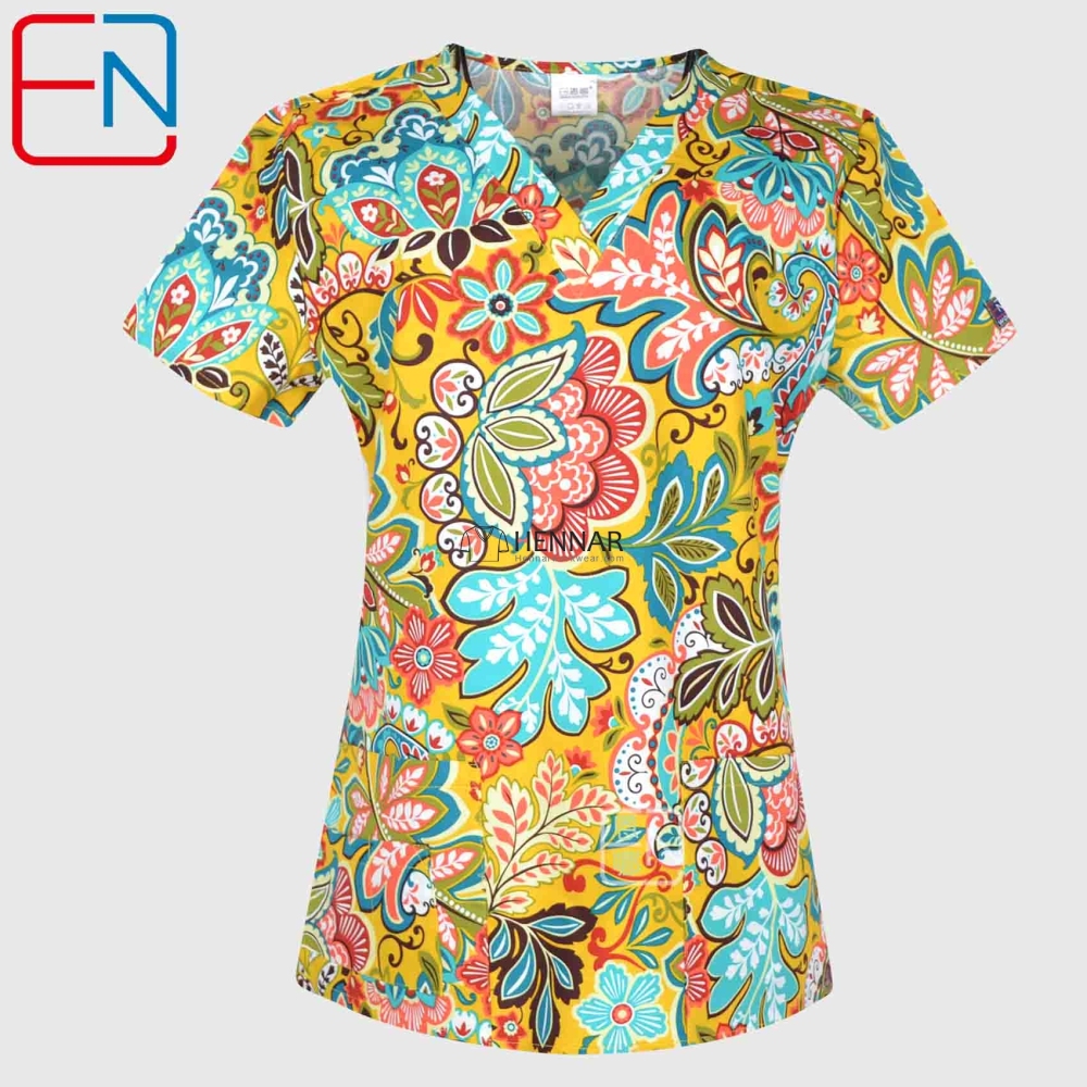 10 Prints Hennar Women medical scrub tops in 100% cotton scrubs,women scrub tops,women medical uniforms