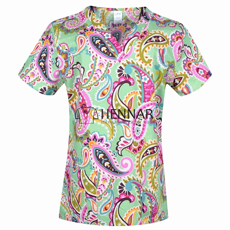 10 Prints Hennar Medical scrubs Tops,100% Cotton Surgical Scrub tops For Women From Size XXS-5XL