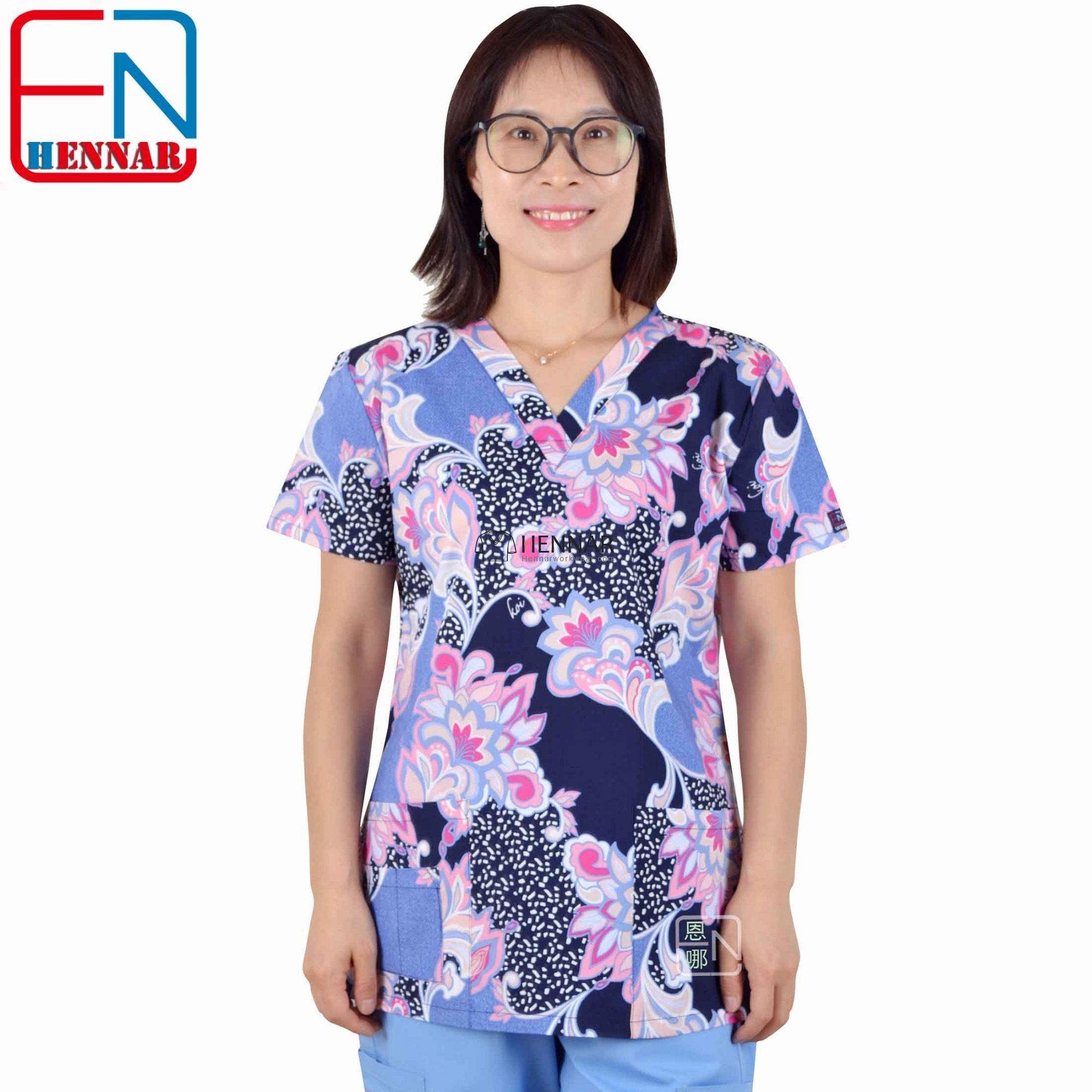 10 Prints Hennar Women medical scrub tops in 100% cotton scrubs,women scrub tops,women medical uniforms