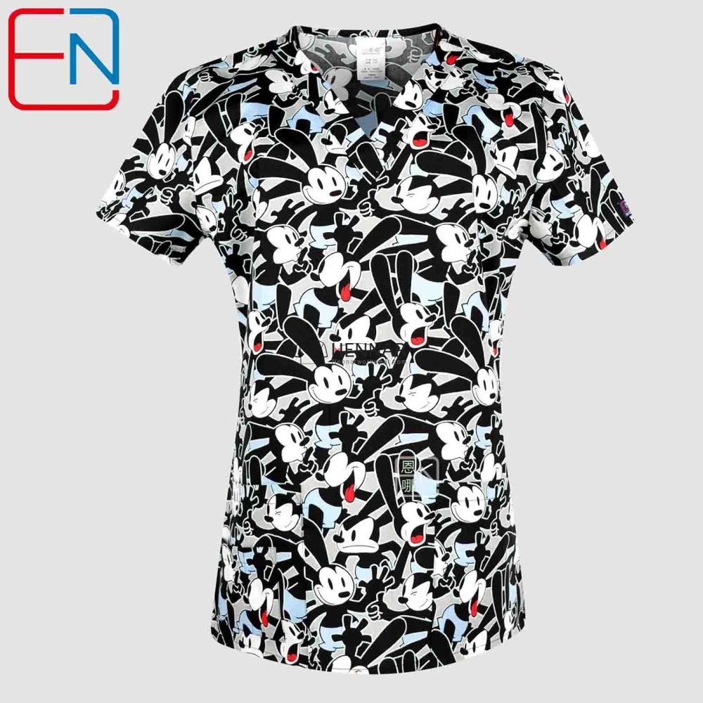 10 Prints Hennar Women Scrub Top With V-Neck 100% Cotton Print Surgical Medical Uniforms Hospital Nurse Scrub Tops For Women Black Owl
