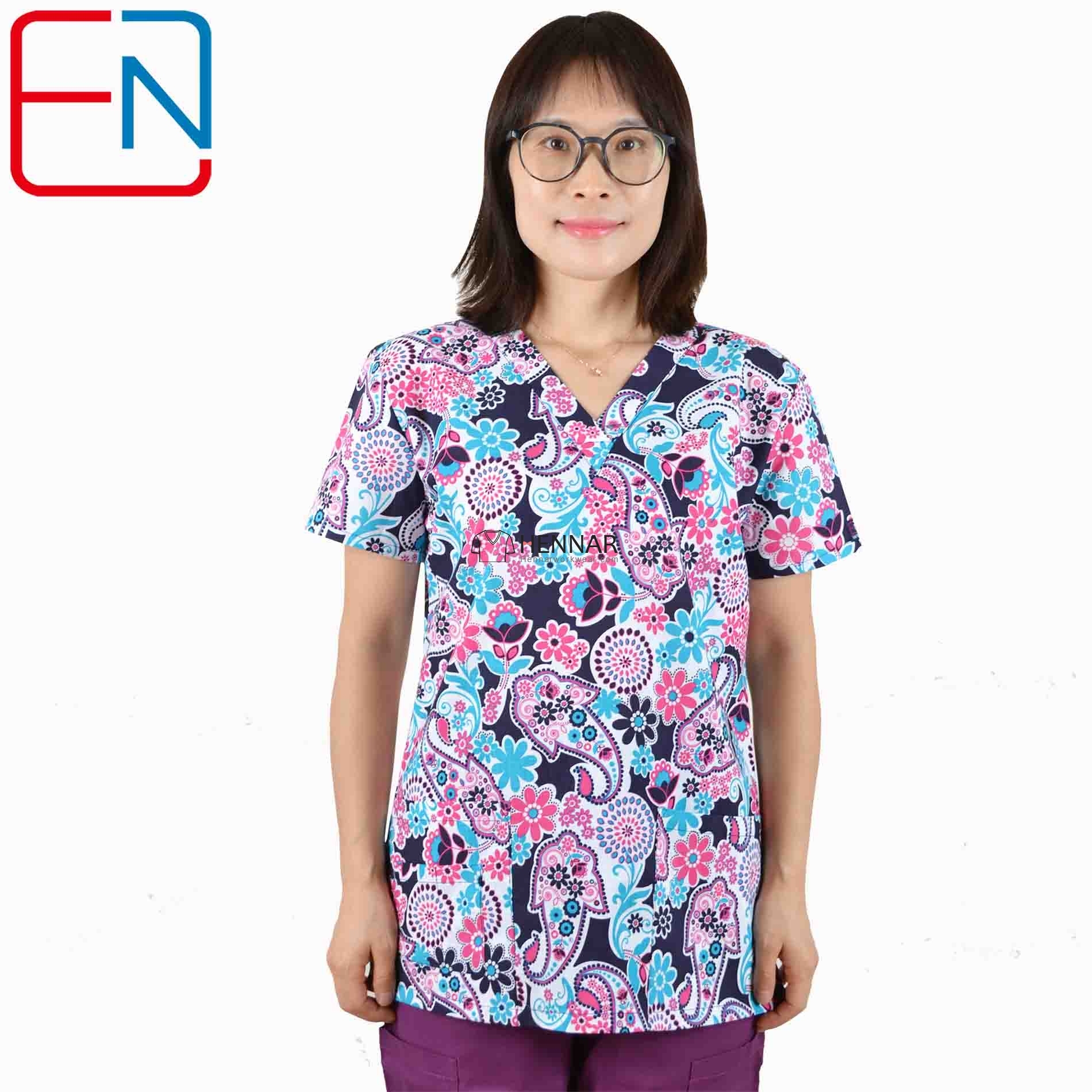 10 Prints Hennar Women medical scrub tops in 100% cotton scrubs,women scrub tops,women medical uniforms
