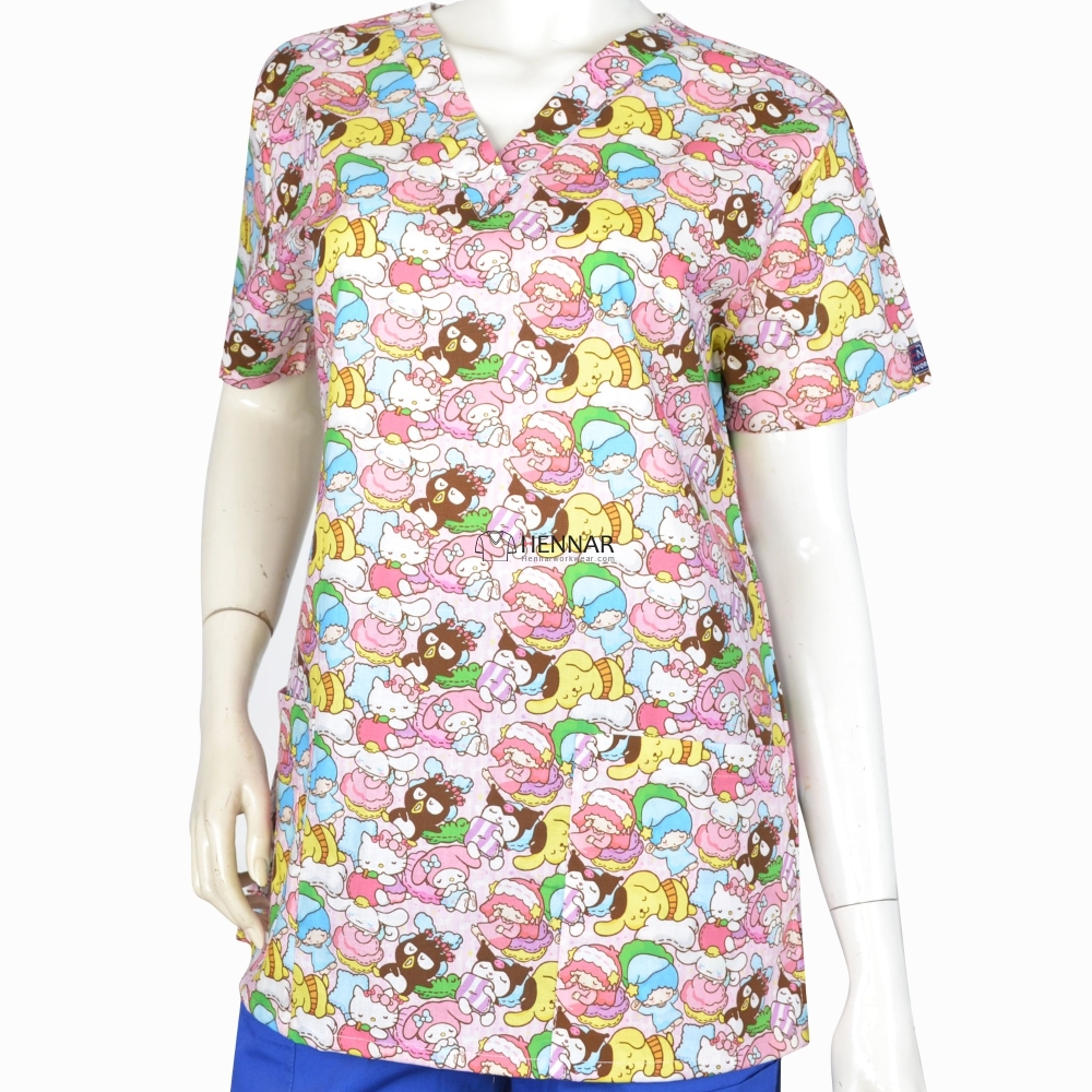 8 Prints In Women scrub tops in dark blue with florals design in 100% cotton 4 pockets