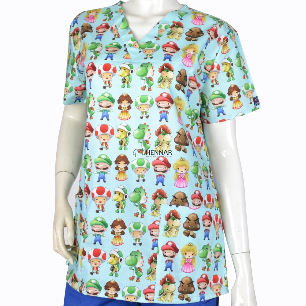 8 Prints In Women scrub tops in dark blue with florals design in 100% cotton 4 pockets