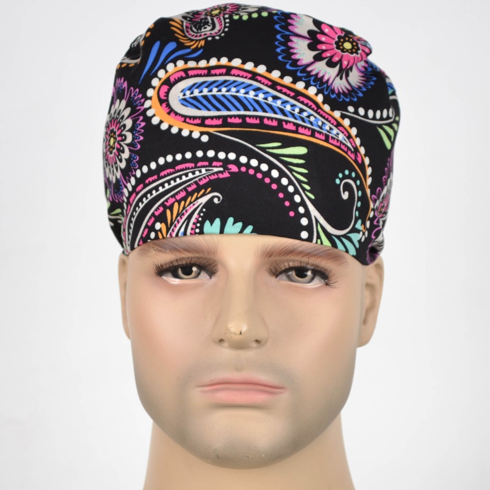 Hennar Medical Scrub Caps in 100% Cotton With Sweatband Two Sizes For Choice Paisley Pattern