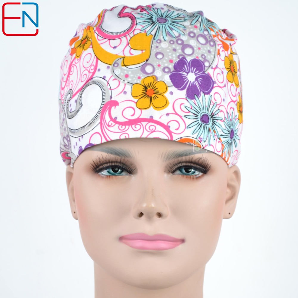 Hennar Brand Unisex Surgical Caps/hat 100% Cotton Medical Scrub Caps Floral 1